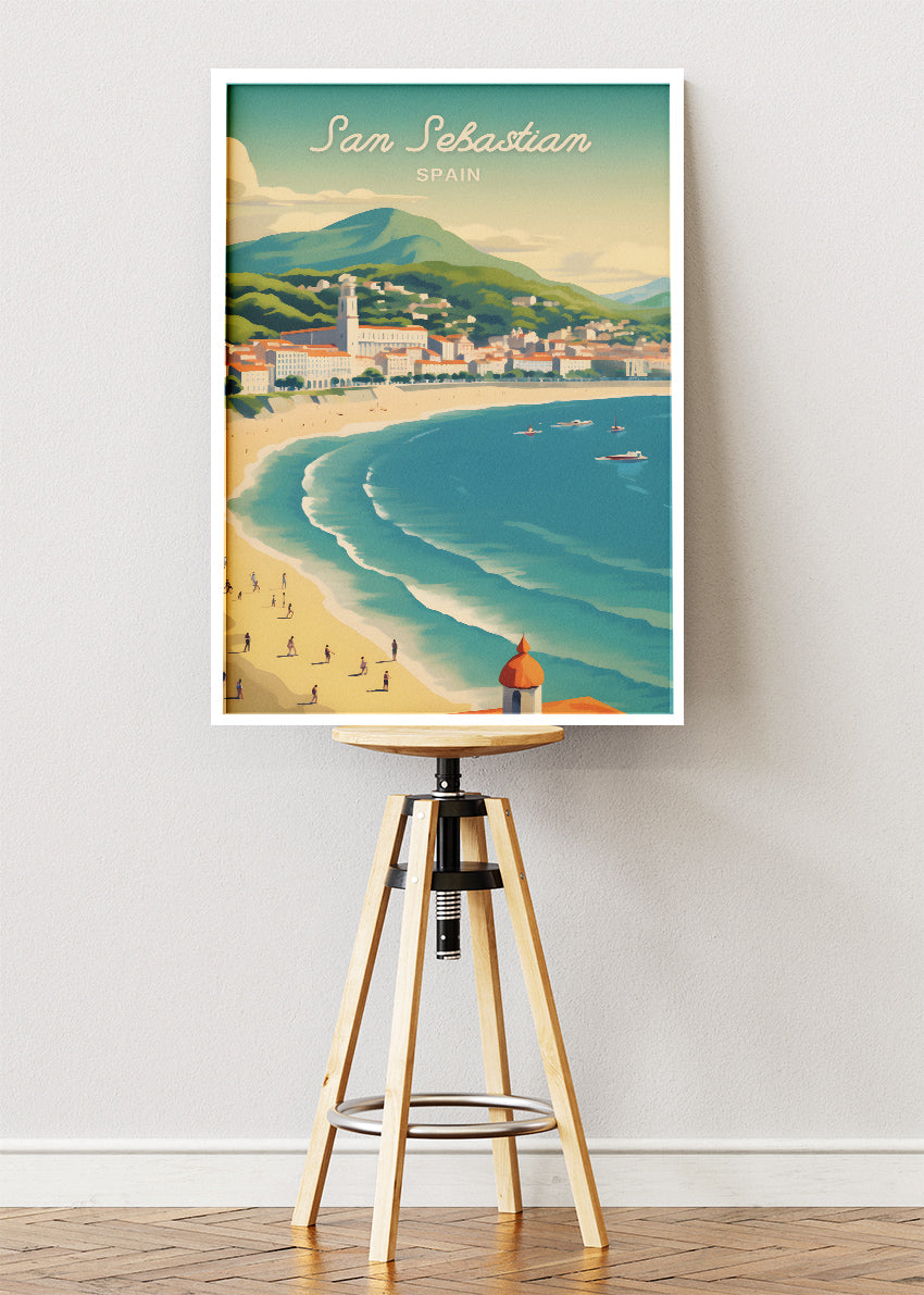 San Sebastian Spain Poster & Canvas Print – Vintage Coastal Beach Illustration Art