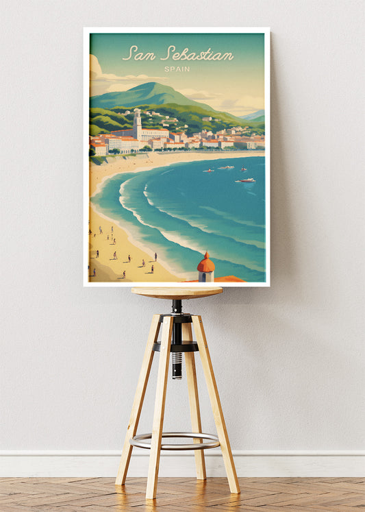 San Sebastian Spain Poster & Canvas Print – Vintage Coastal Beach Illustration Art