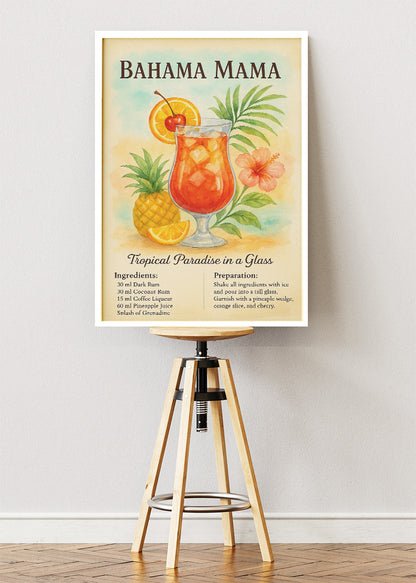 Bahama Mama Watercolor Cocktail Poster & Canvas Print | Tropical Botanical Bar Wall Art