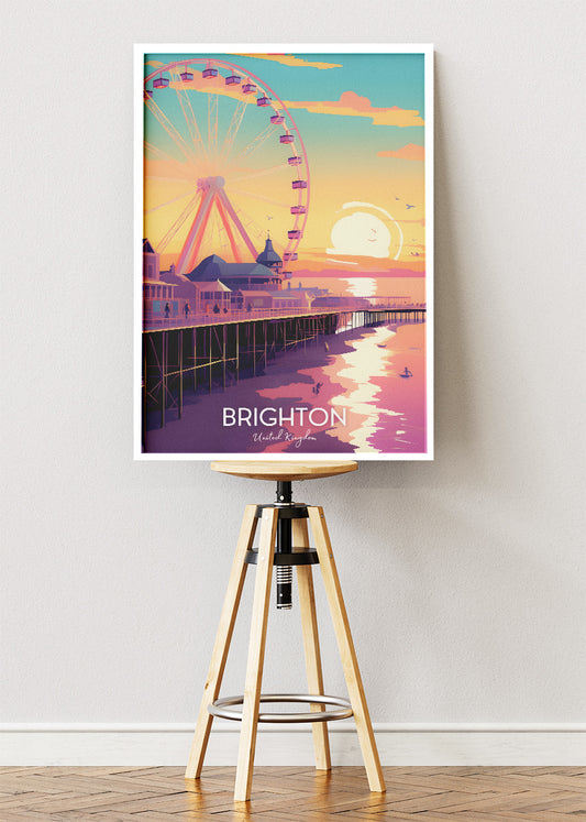 Brighton UK Poster & Canvas Print – Sunset Pier & Ferris Wheel Travel Art
