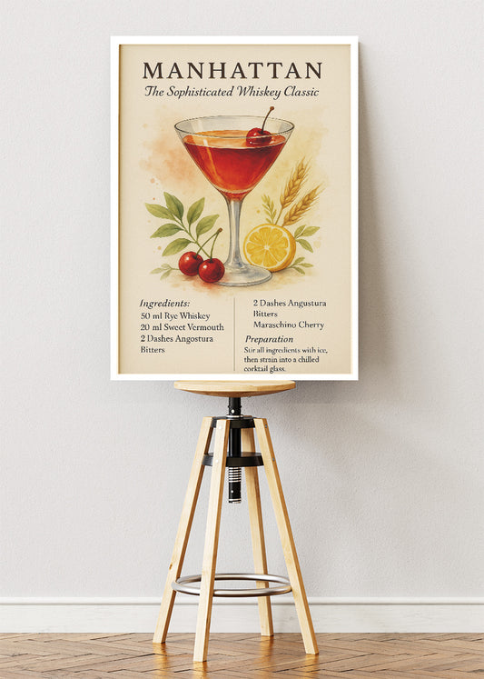 Manhattan Watercolor Cocktail Recipe Poster & Canvas Print | Elegant Vintage Bar Wall Art