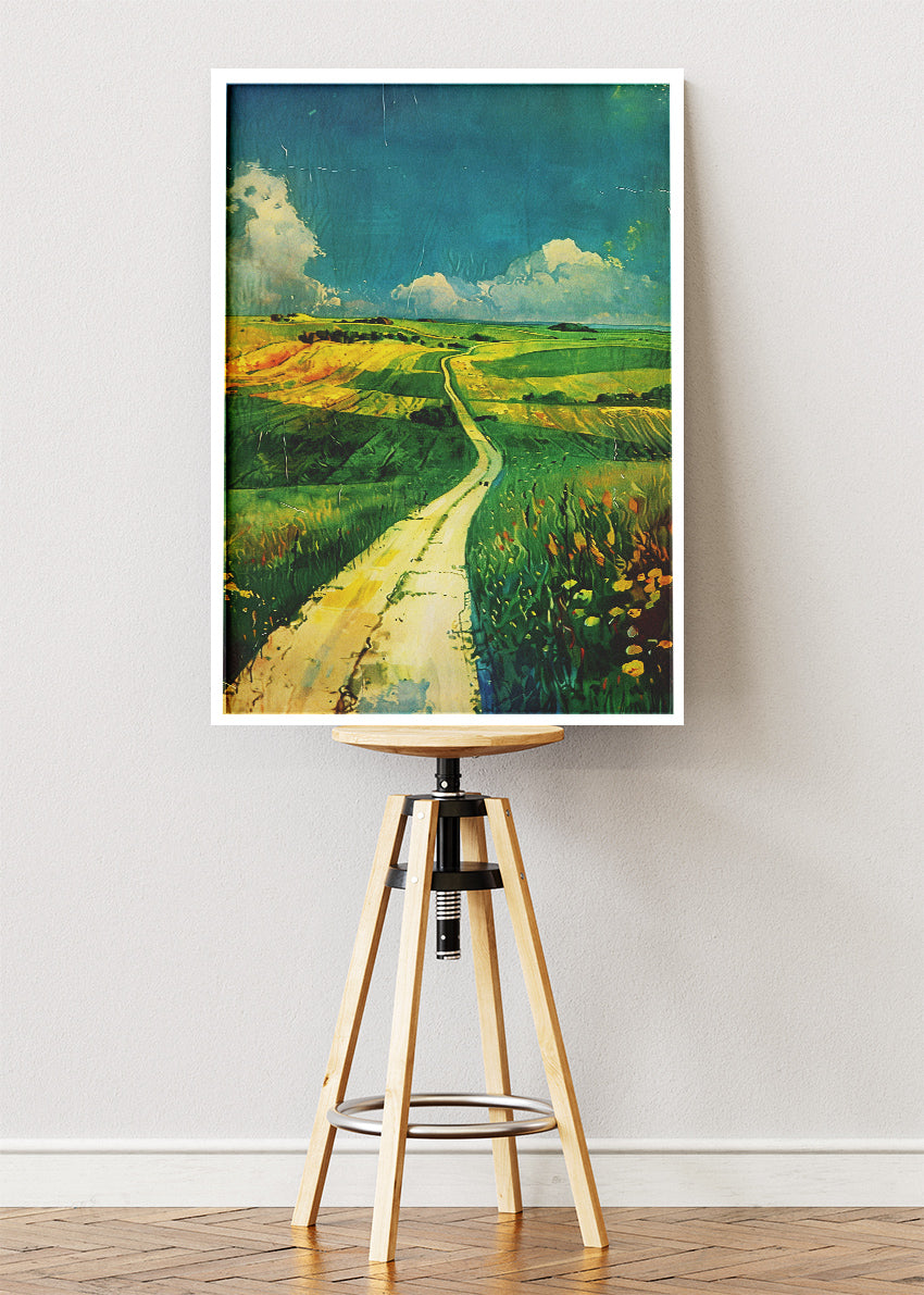 Countryside Path Through Green Fields – Vibrant Rural Landscape Wall Art Poster & Canvas – AI PRINT LAB