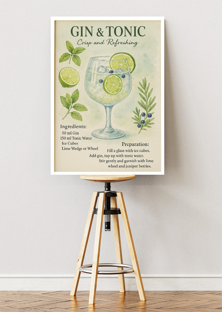Gin & Tonic Watercolor Botanical Poster & Canvas Print | Elegant Kitchen Wall Art