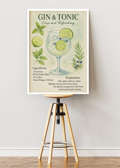 Gin & Tonic Watercolor Botanical Poster & Canvas Print | Elegant Kitchen Wall Art