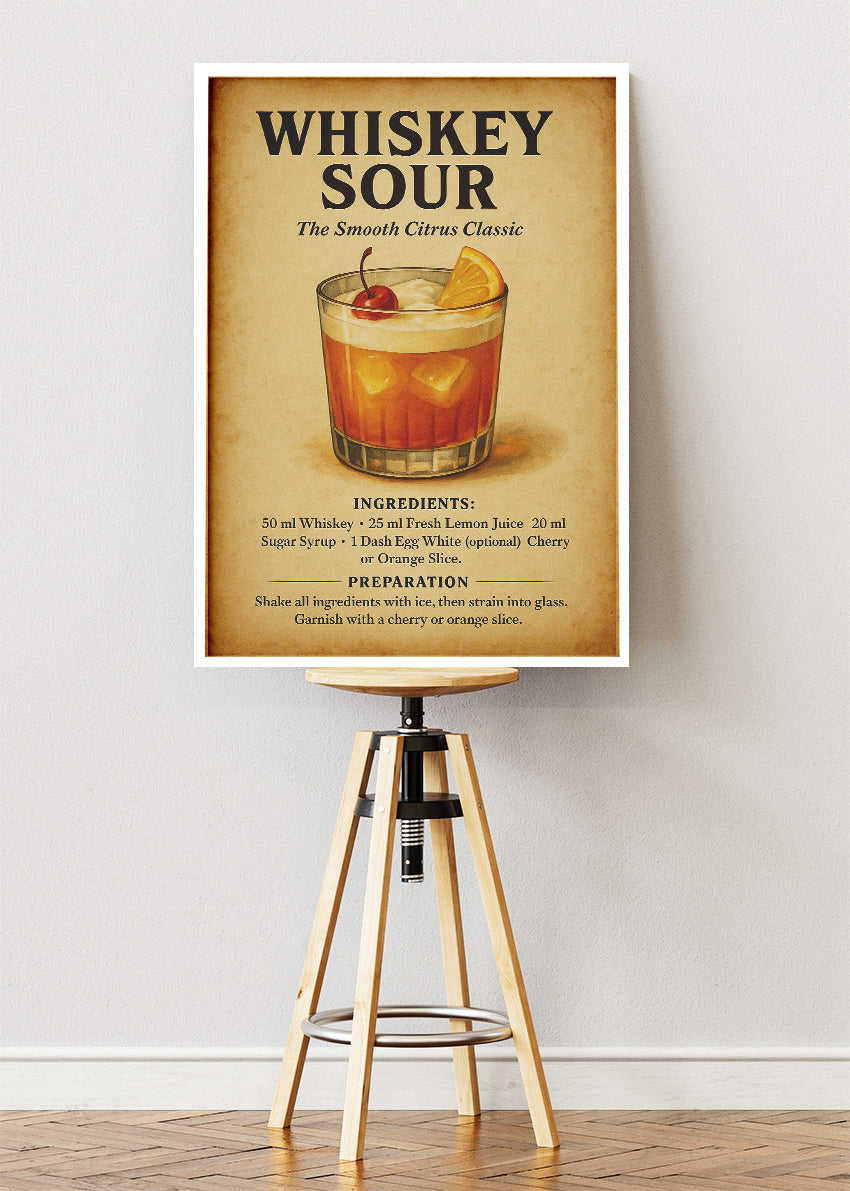Whiskey Sour Cocktail Poster & Canvas Print – Classic Vintage Bar Wall Art – AI PRINT LAB