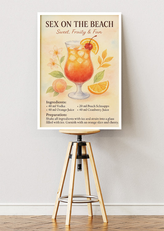 Sex on the Beach Watercolor Cocktail Poster & Canvas Print | Vintage Bar Wall Art