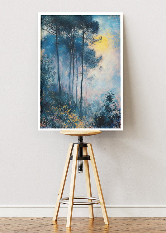Blue Forest Landscape Wall Art – Misty Moonlight Trees Canvas Print & Modern Nature Statement Poster for Living Room Decor UK