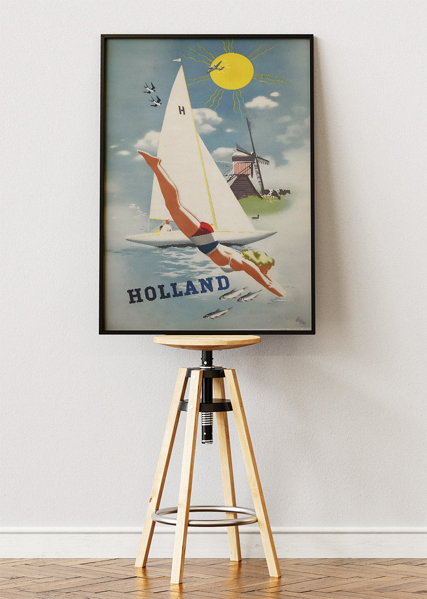 Holland Vintage Diving & Sailboat Poster & Canvas Print – Retro Dutch Travel Art