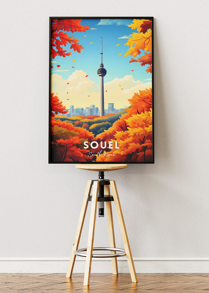 Seoul South Korea Travel Poster & Canvas Print – Autumn Cityscape Illustration Wall Art
