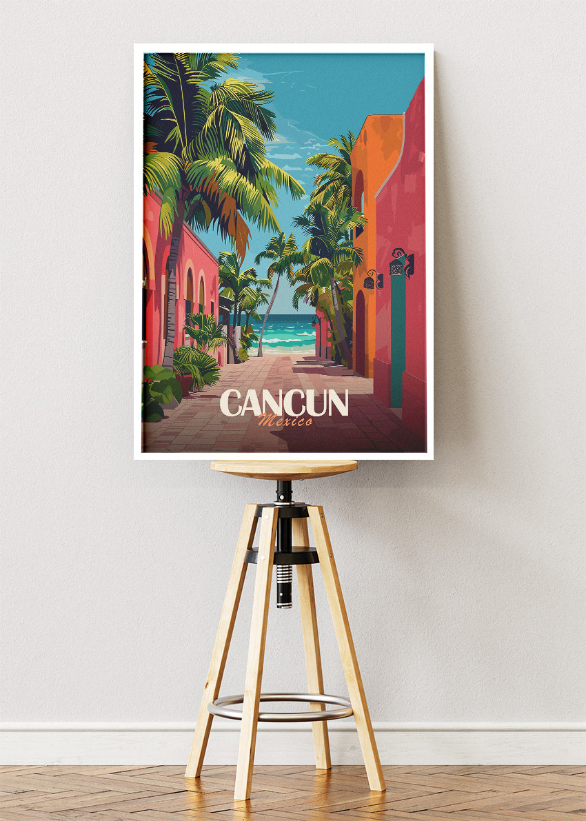 Cancun Mexico Poster & Canvas Print – Illustrated Tropical Street & Beach Art