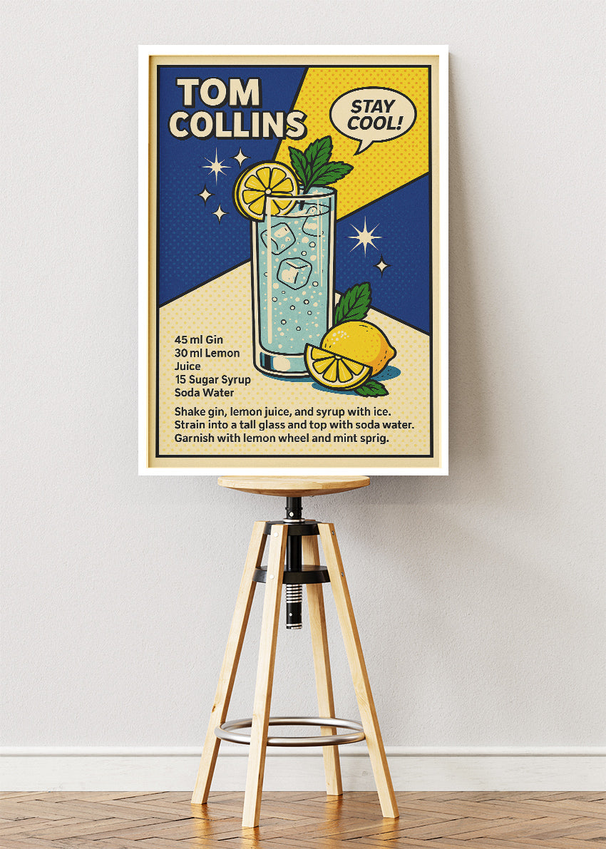Tom Collins Pop Art Cocktail Poster & Canvas Print – Retro Gin Drink Wall Art – AI PRINT LAB