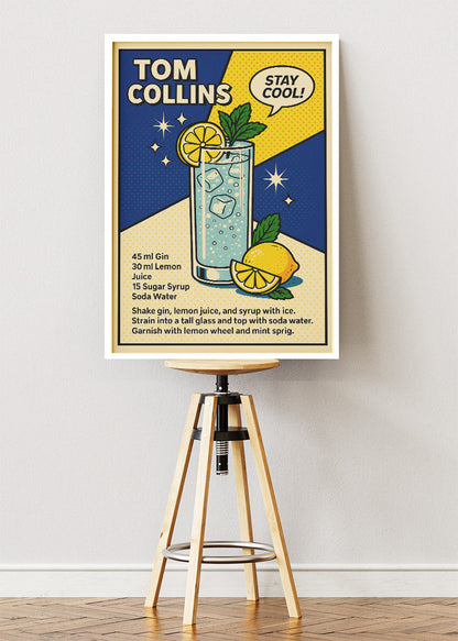 Tom Collins Pop Art Cocktail Poster & Canvas Print – Retro Gin Drink Wall Art – AI PRINT LAB