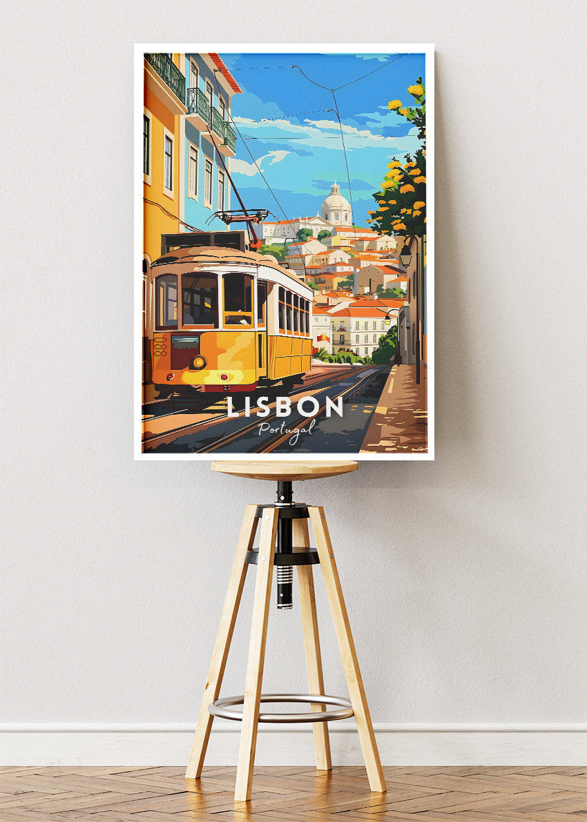 Lisbon Portugal Poster & Canvas Print – Vintage Illustrated Tram Travel Art