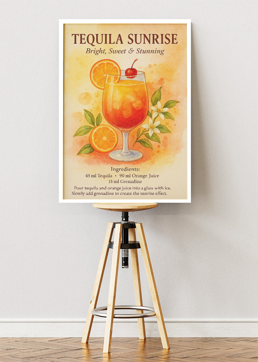 Tequila Sunrise Watercolor Poster & Canvas Print | Botanical Cocktail Wall Art