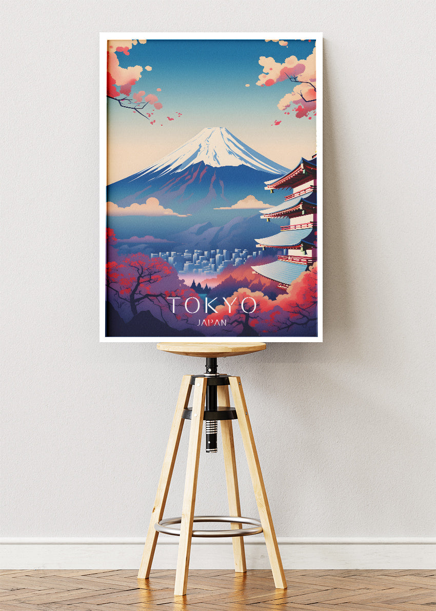 Tokyo Japan Poster & Canvas Print – Illustrated Mount Fuji & Pagoda Art