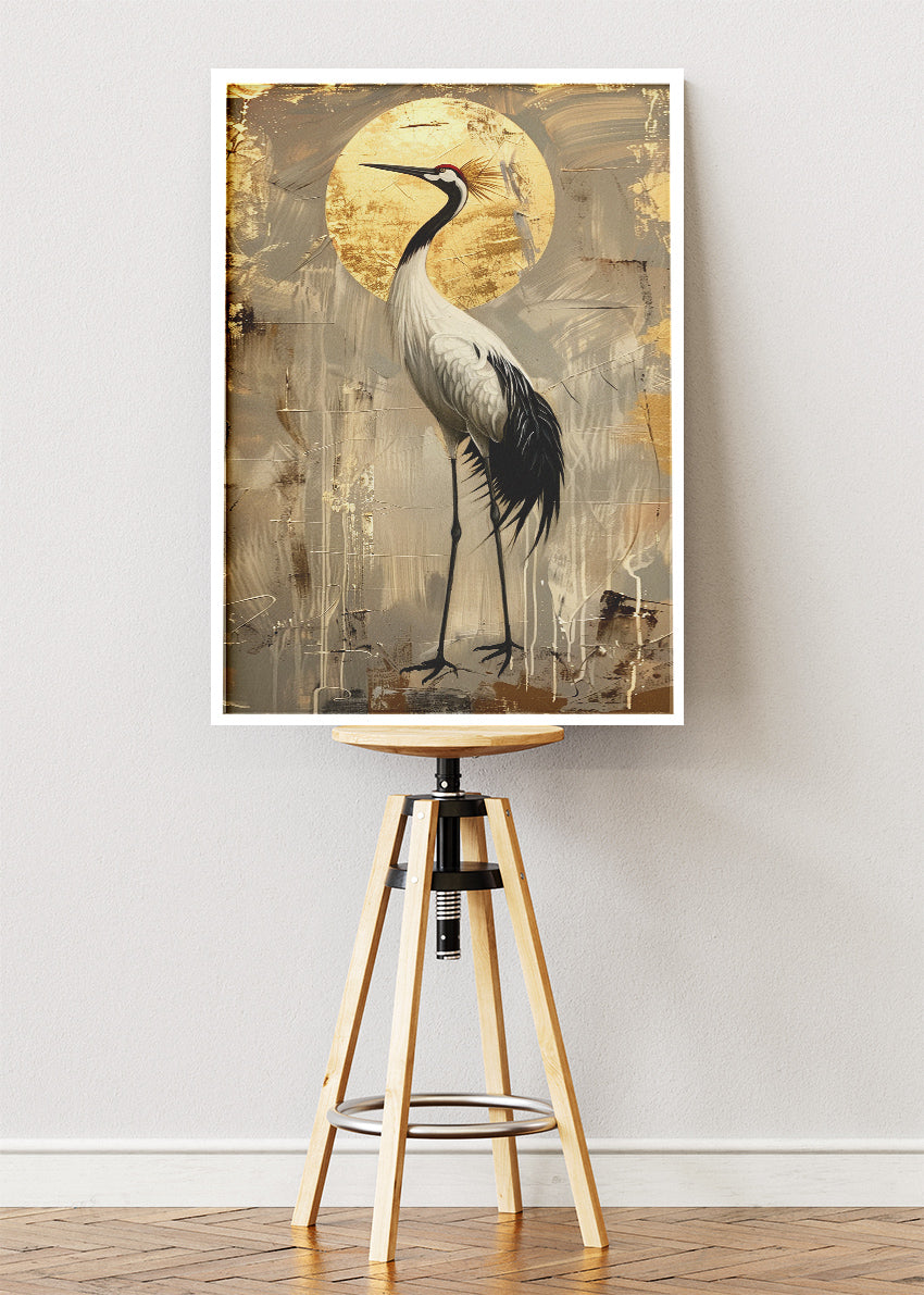 Golden Crane Poster & Canvas Print – Elegant Japanese Minimalist Bird Art