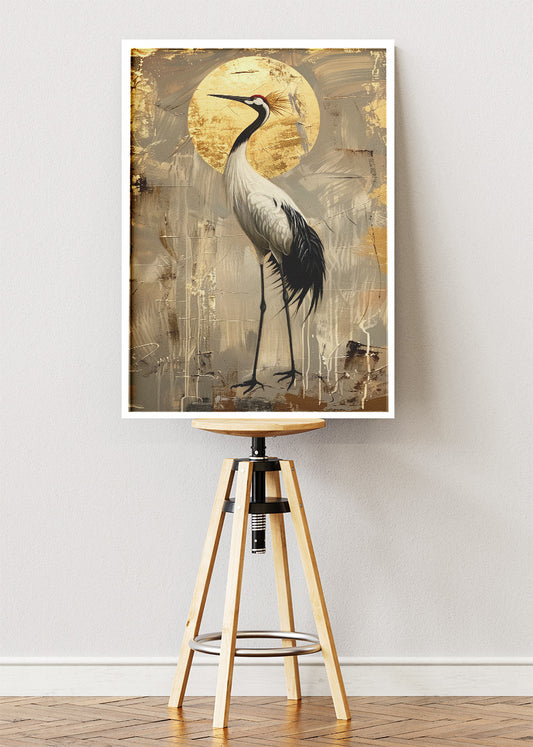 Golden Crane Poster & Canvas Print – Elegant Japanese Minimalist Bird Art