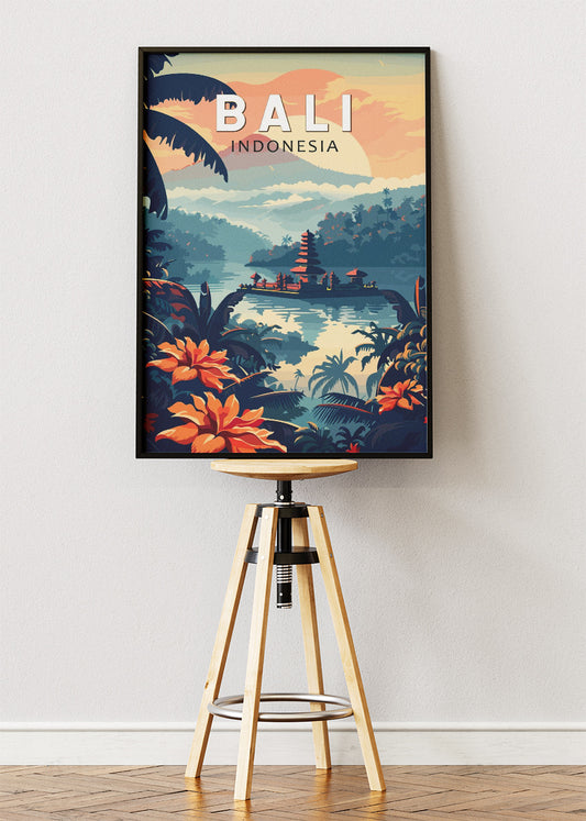 Bali Indonesia Tropical Jungle & Lake Temple Poster – Illustrated Travel Art