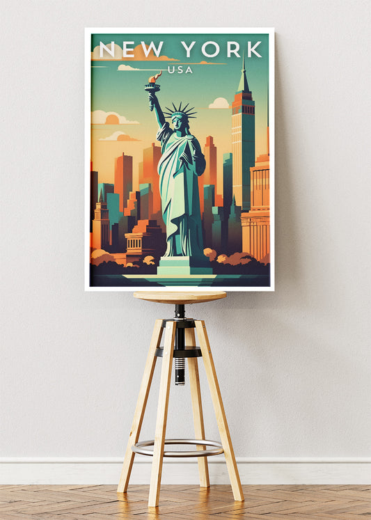 New York USA Poster & Canvas Print – Statue of Liberty & Skyline Illustration