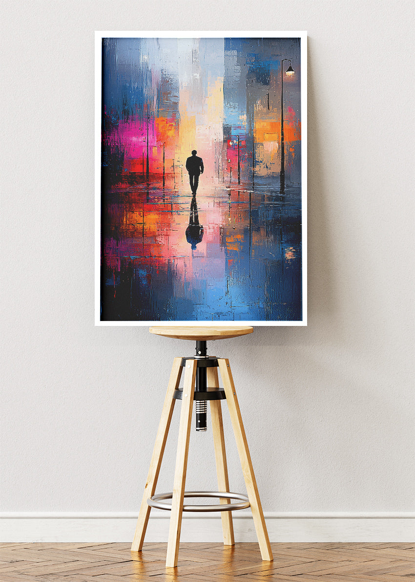 Neon Reflections in the Rain – Modern City Silhouette Wall Art – AI PRINT LAB