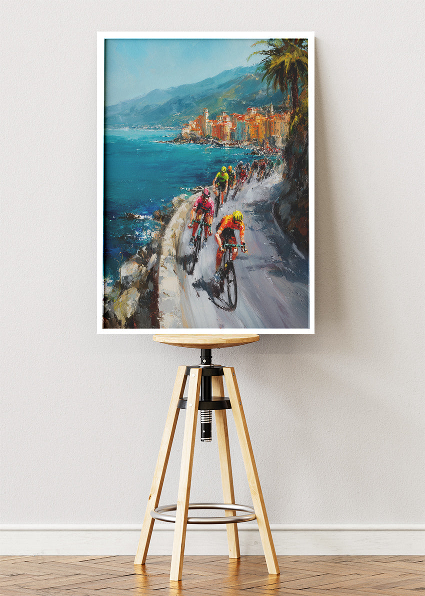 Coastal Breakaway Cycling Art Print & Canvas – Riviera Cliff Race