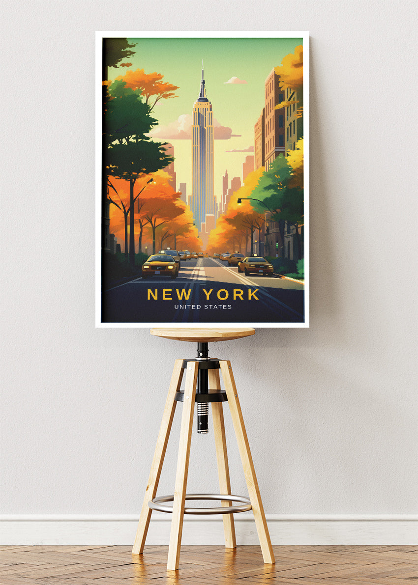 New York United States Poster & Canvas Print – Empire State Building Autumn Avenue Illustration
