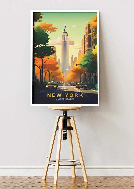 New York United States Poster & Canvas Print – Empire State Building Autumn Avenue Illustration