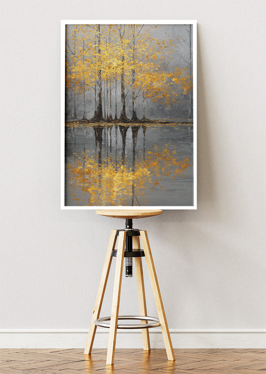 Golden Tree Reflection Wall Art – Grey & Gold Lake Canvas Print | Elegant Autumn Portrait Poster