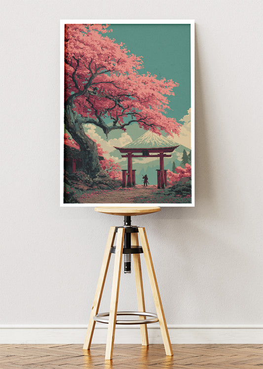 Japanese Cherry Blossom Wall Art – Torii Gate & Mount Fuji Canvas Print | Vintage Style Landscape Portrait Poster