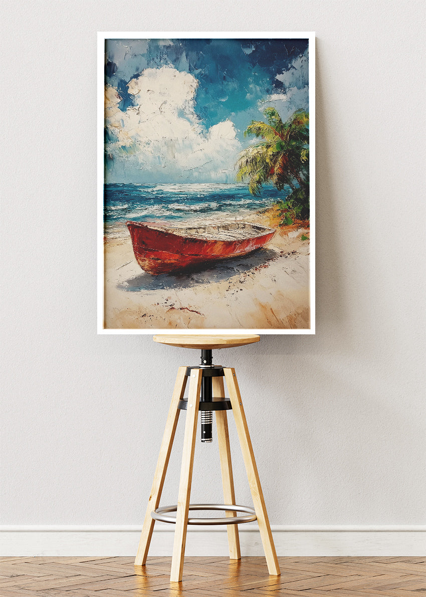 Tropical Red Boat – Coastal Beach Canvas & Poster Print – AI PRINT LAB