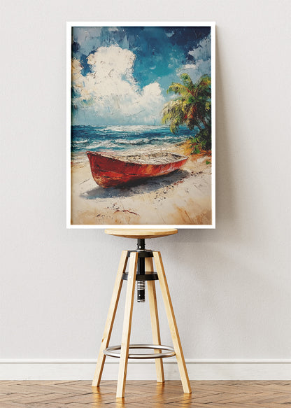 Tropical Red Boat – Coastal Beach Canvas & Poster Print – AI PRINT LAB