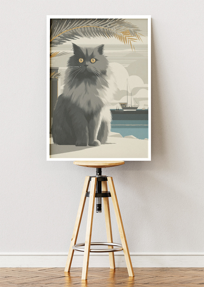Coastal Grey Cat Canvas Print & Poster – Minimalist Seaside Cat Wall Art – AI PRINT LAB