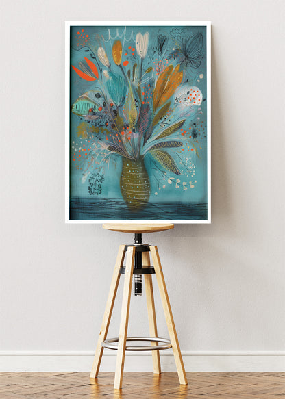 Modern Abstract Floral Vase Wall Art – Teal & Orange Botanical Canvas Print | Contemporary Portrait Poster