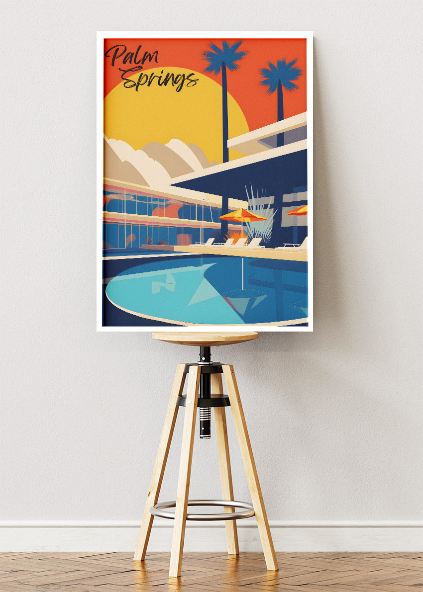 Palm Springs California Poster & Canvas Print – Retro Sunset Poolside Illustration