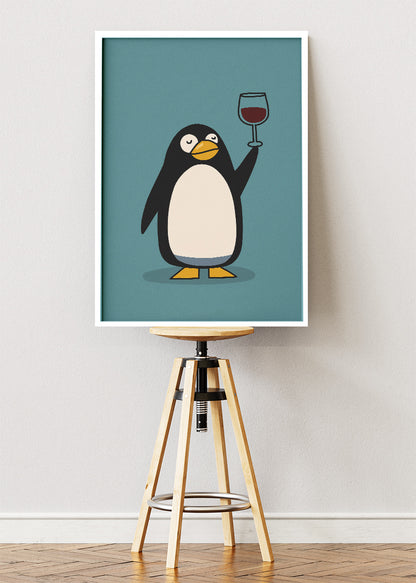 Funny Penguin Wine Canvas Print & Poster – Minimalist Cartoon Animal Wall Art – AI PRINT LAB