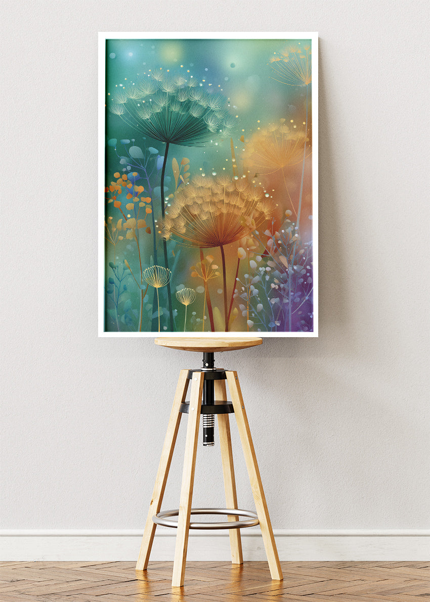 Dreamy Dandelion Wall Art – Soft Teal & Gold Botanical Canvas Print | Magical Floral Portrait Poster
