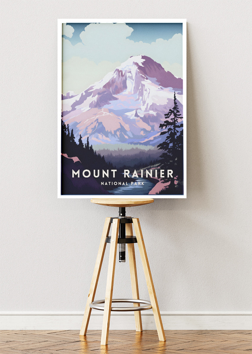 Mount Rainier National Park Poster & Canvas Print – Illustrated Mountain Landscape Wall Art