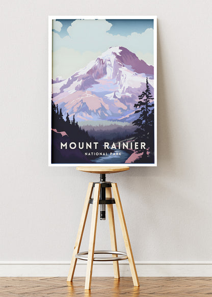 Mount Rainier National Park Poster & Canvas Print – Illustrated Mountain Landscape Wall Art