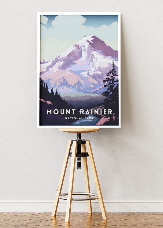 Mount Rainier National Park Poster & Canvas Print – Illustrated Mountain Landscape Wall Art