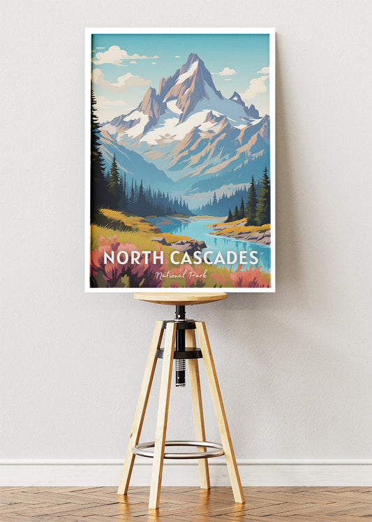 North Cascades National Park Poster & Canvas Print – Illustrated Mountain Landscape Wall Art