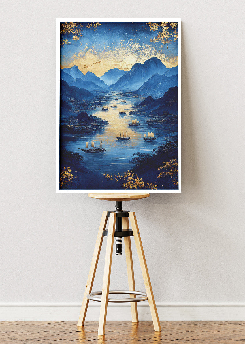 Midnight Blue Harbor – Luxury Gold Mountain Canvas & Poster Print – AI PRINT LAB