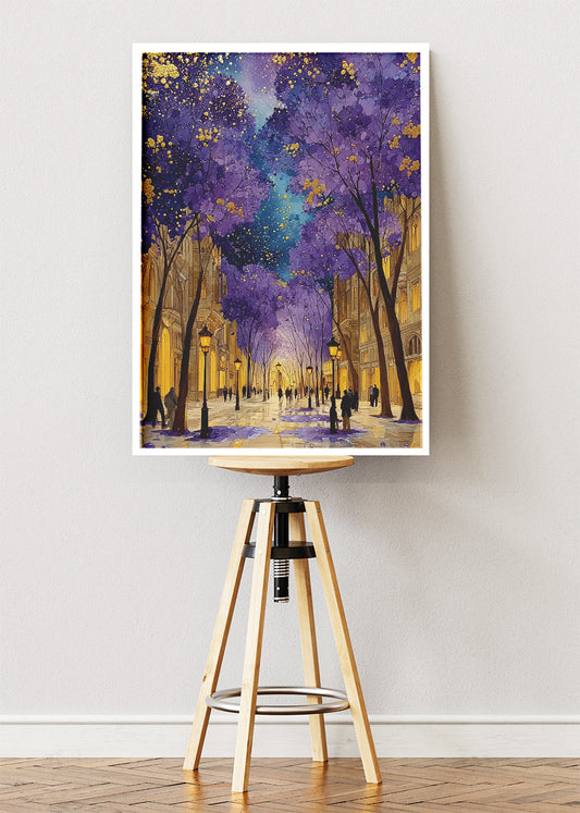Purple Blossom City Night Wall Art – Golden Street Lights Canvas Print | Romantic Urban Landscape Portrait Poster