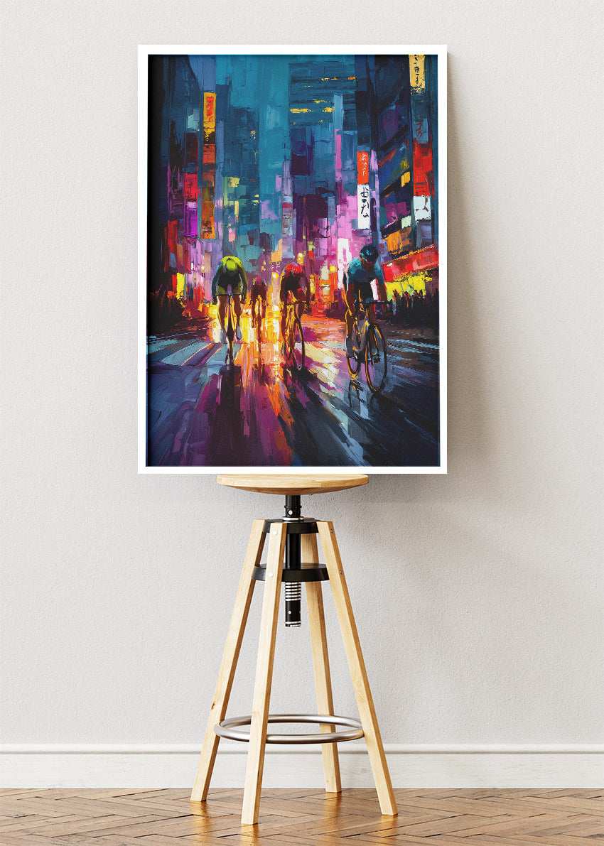 Neon City Sprint Cycling Art Print & Canvas – Electric Night Breakaway