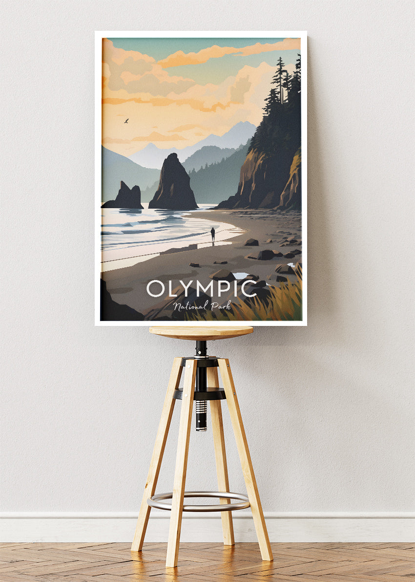Olympic National Park Poster & Canvas Print – Illustrated Coastal Sunset Wall Art