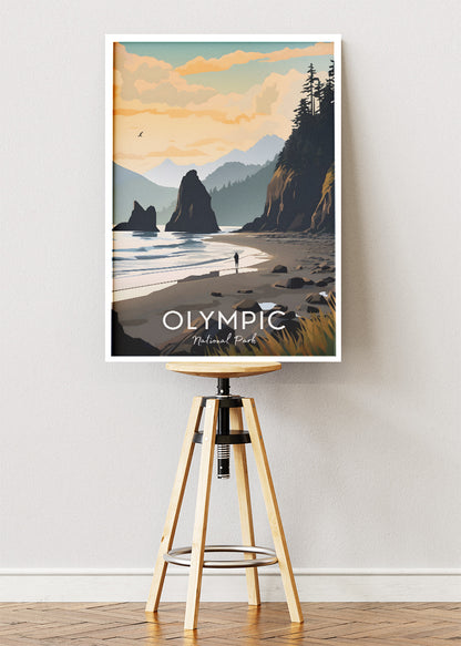 Olympic National Park Poster & Canvas Print – Illustrated Coastal Sunset Wall Art