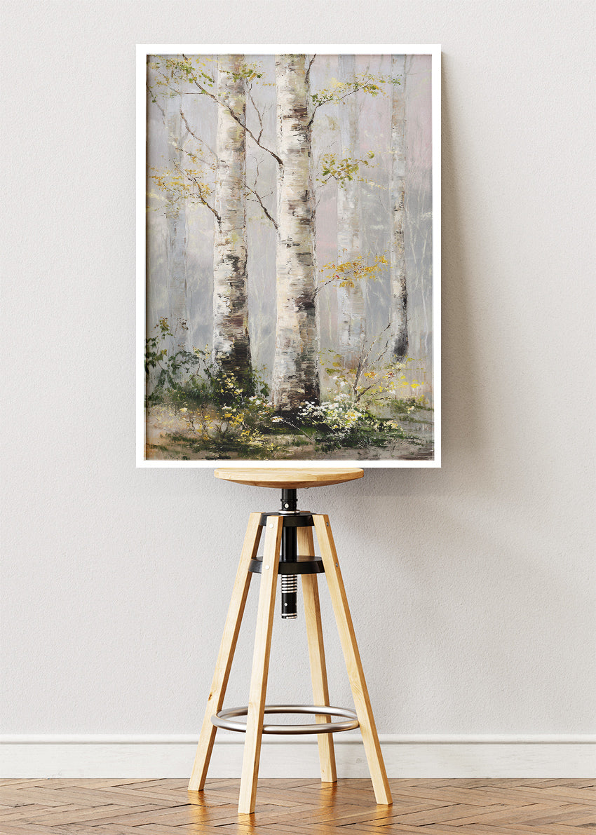 Soft Birch Forest Wall Art – Neutral Woodland Canvas Print | Calm Nature Landscape Portrait Poster