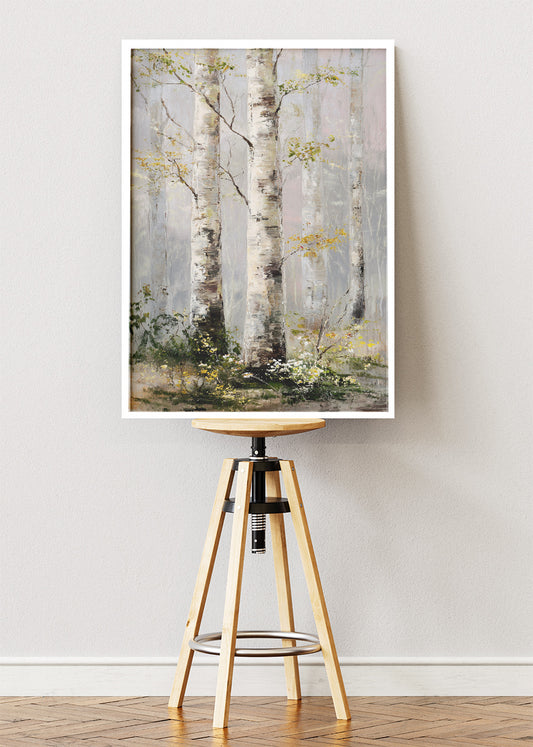 Soft Birch Forest Wall Art – Neutral Woodland Canvas Print | Calm Nature Landscape Portrait Poster