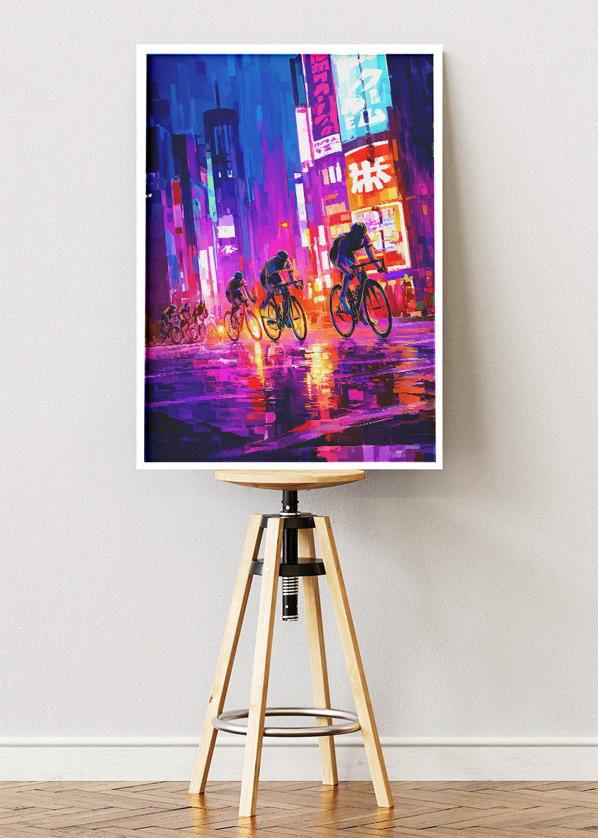 Neon Rain Sprint Cycling Art Print & Canvas – Midnight City Breakaway
