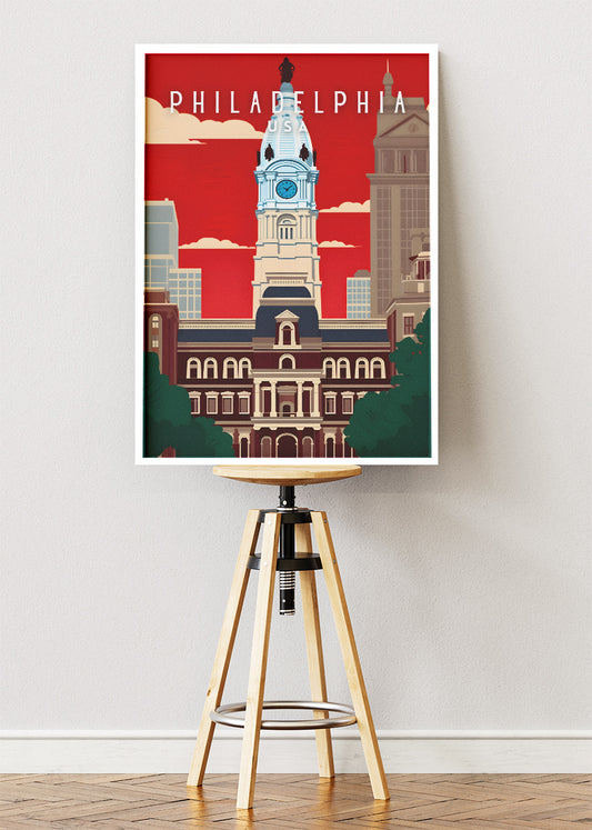 Philadelphia USA Poster & Canvas Print – City Hall Landmark Illustration Wall Art