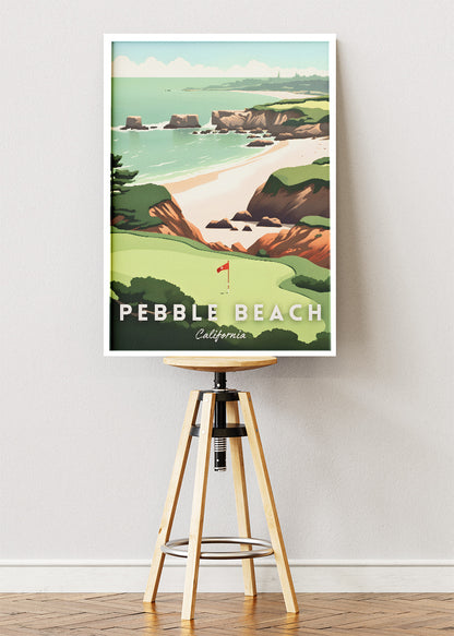 Pebble Beach California Poster & Canvas Print – Illustrated Coastal Golf Course Wall Art